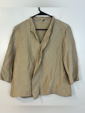 Poetry Taupe Silk/Hemp Blend Lighweight Ruffle Striped Pullover Blouse Size 10